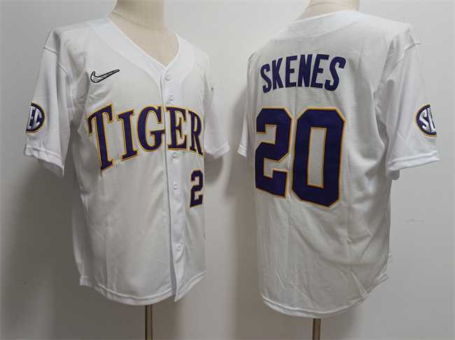 Men%27s LSU Tigers #20 Paul Skenes White Stitched Baseball Jersey Dzhi